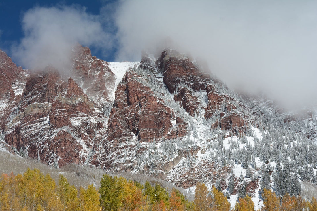 Snow-dusted Rocky Mountains with autumn foliage — wildcrafted mountain country