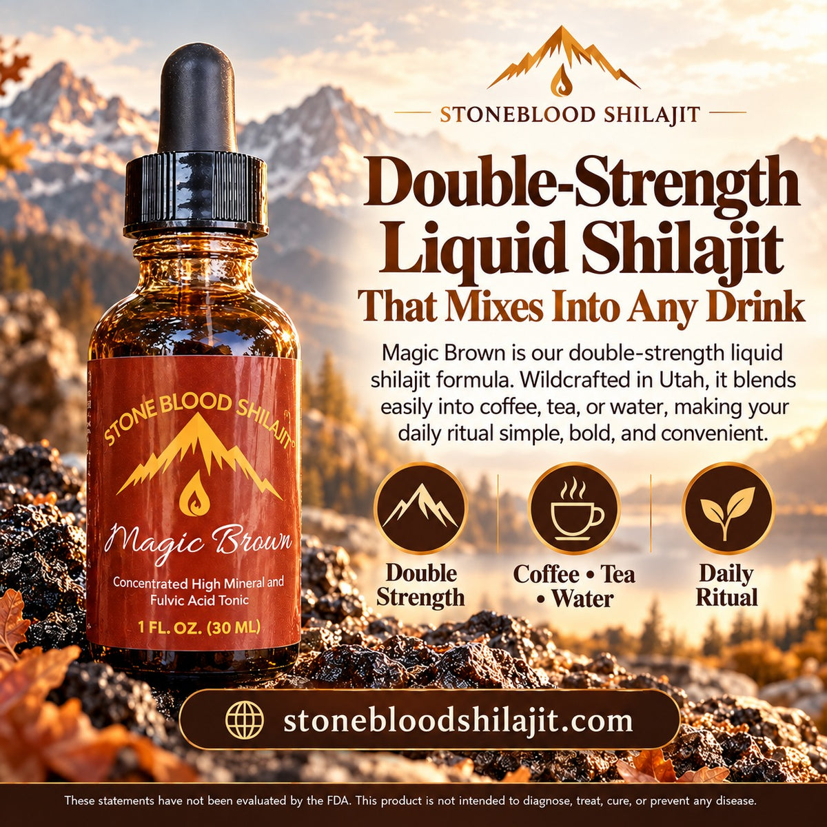 Stoneblood Magic Brown double-strength liquid shilajit that mixes into coffee, tea or water