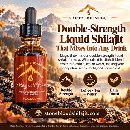 Stoneblood Magic Brown double-strength liquid shilajit that mixes into coffee, tea or water